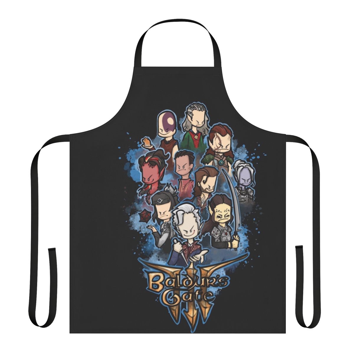 Baldur's Gate inspired apron with fantasy characters and logos