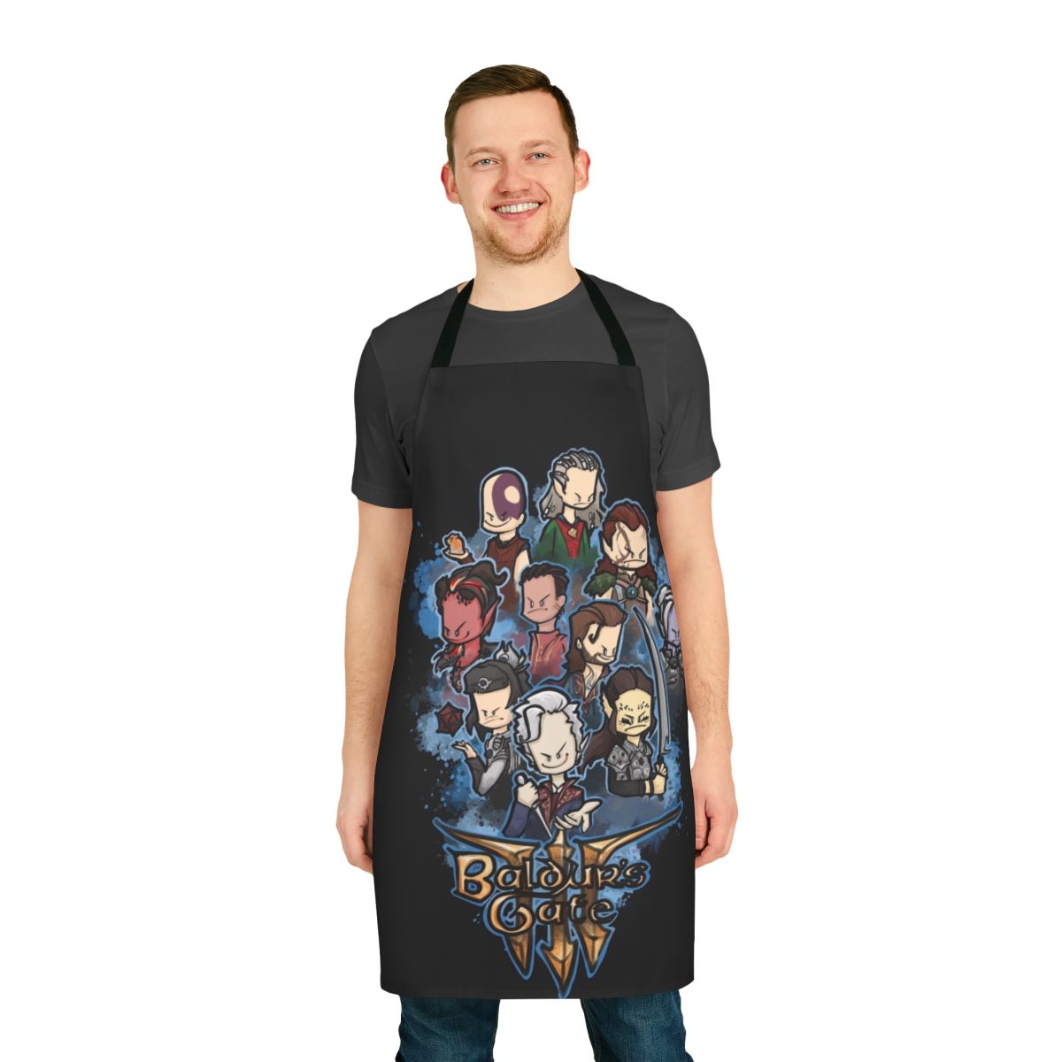 Baldur's Gate inspired apron with fantasy characters and logos