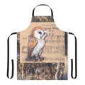 Whimsical apron featuring a barn owl perched among musical notes and nature elements