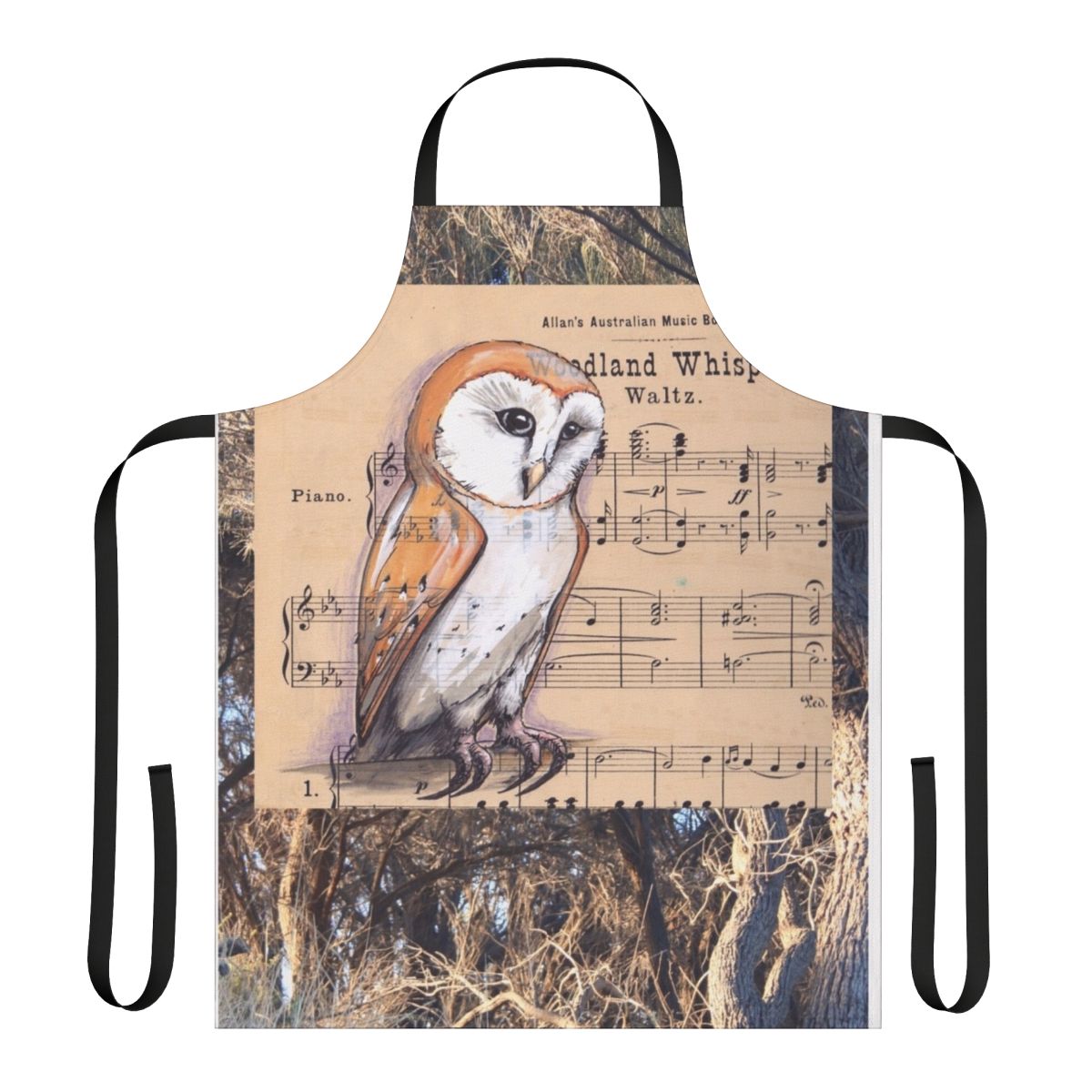 Whimsical apron featuring a barn owl perched among musical notes and nature elements
