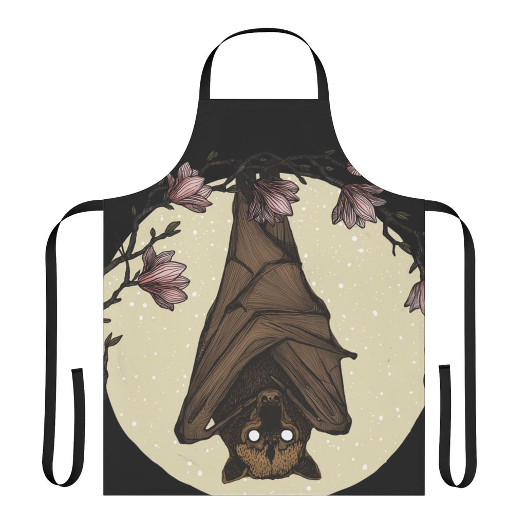 Striking black and white sketch-style illustration of a bat or flying fox on a round apron with floral and nature motifs