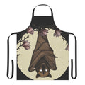 Striking black and white sketch-style illustration of a bat or flying fox on a round apron with floral and nature motifs