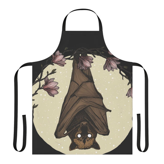 Striking black and white sketch-style illustration of a bat or flying fox on a round apron with floral and nature motifs