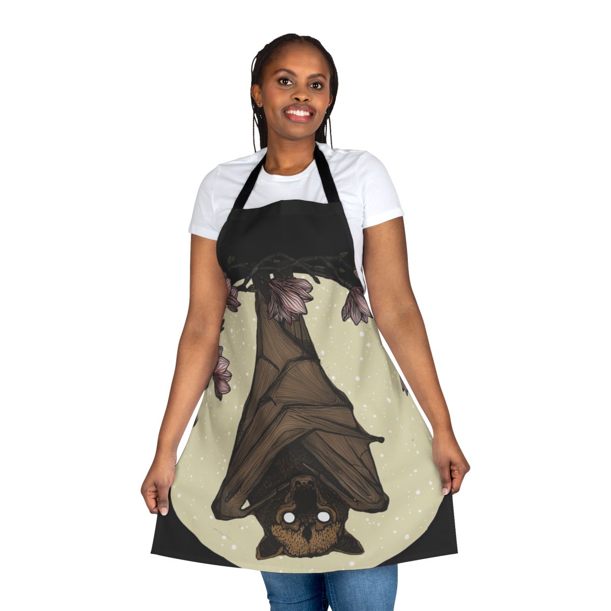 Striking black and white sketch-style illustration of a bat or flying fox on a round apron with floral and nature motifs