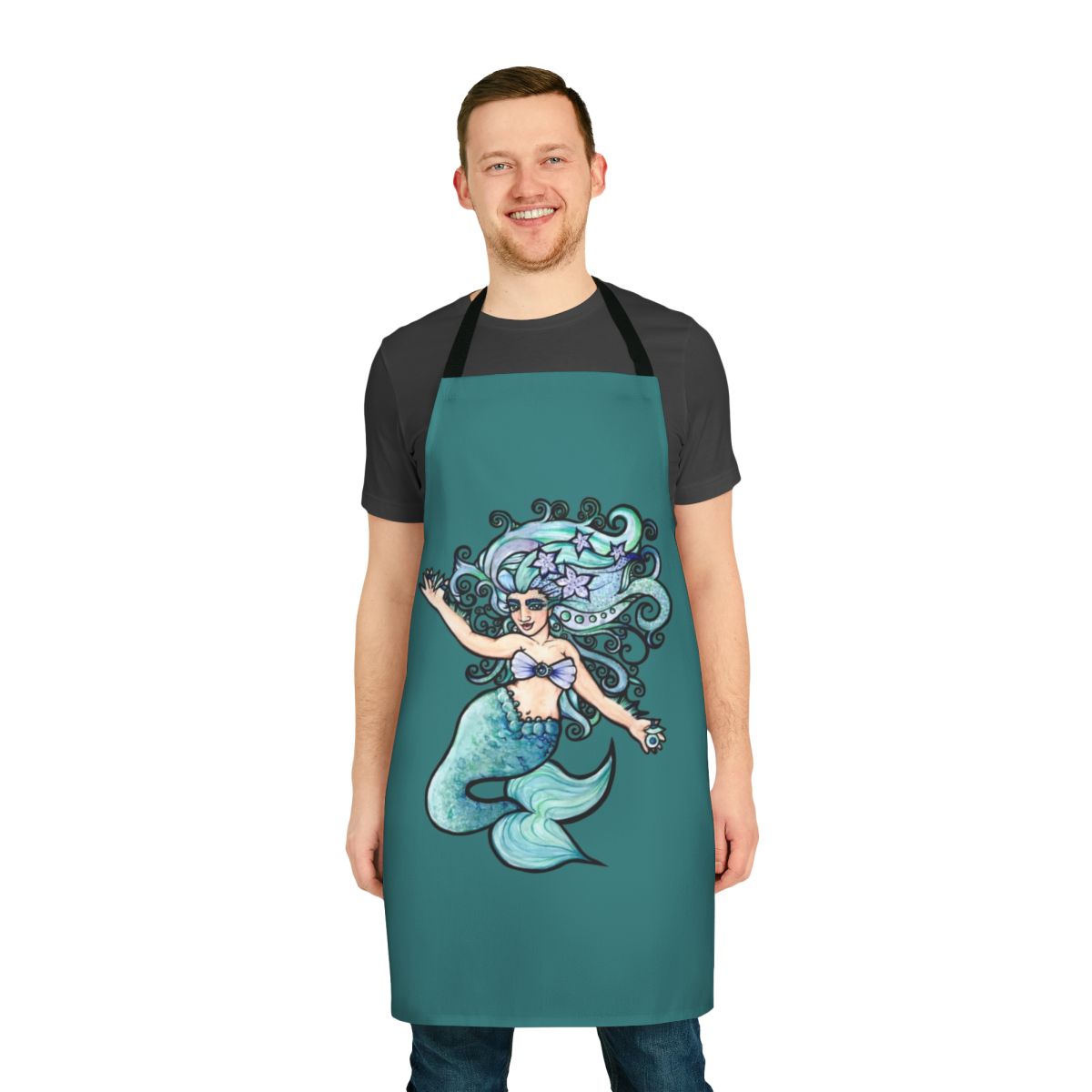 A whimsical mermaid-themed apron with a belly dancer design, perfect for the kitchen