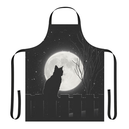 Black cat silhouette sitting on a fence, looking up at the full moon in a starry night sky.