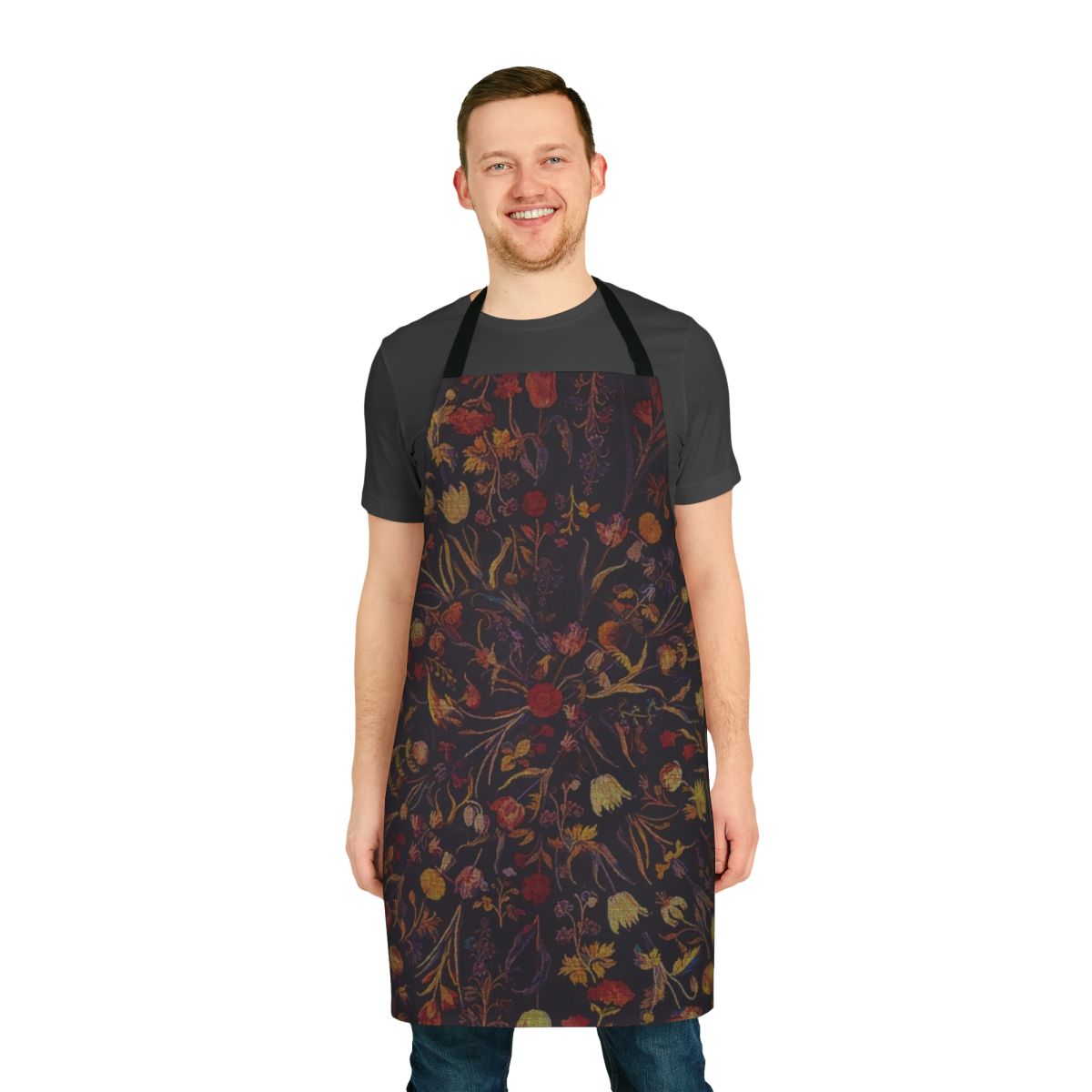 Enchanting black floral fantasy apron with mythological horse and elegant flourishes