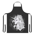 A black apron featuring a magical unicorn design, inspired by the classic fantasy novel The Last Unicorn.