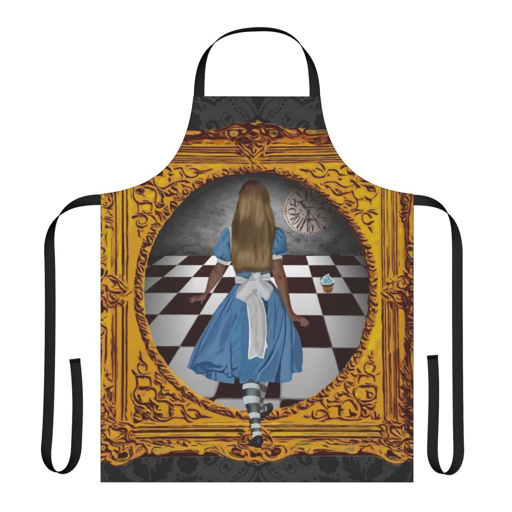 Model wearing a blue and gold apron with a whimsical, fantasy-inspired design