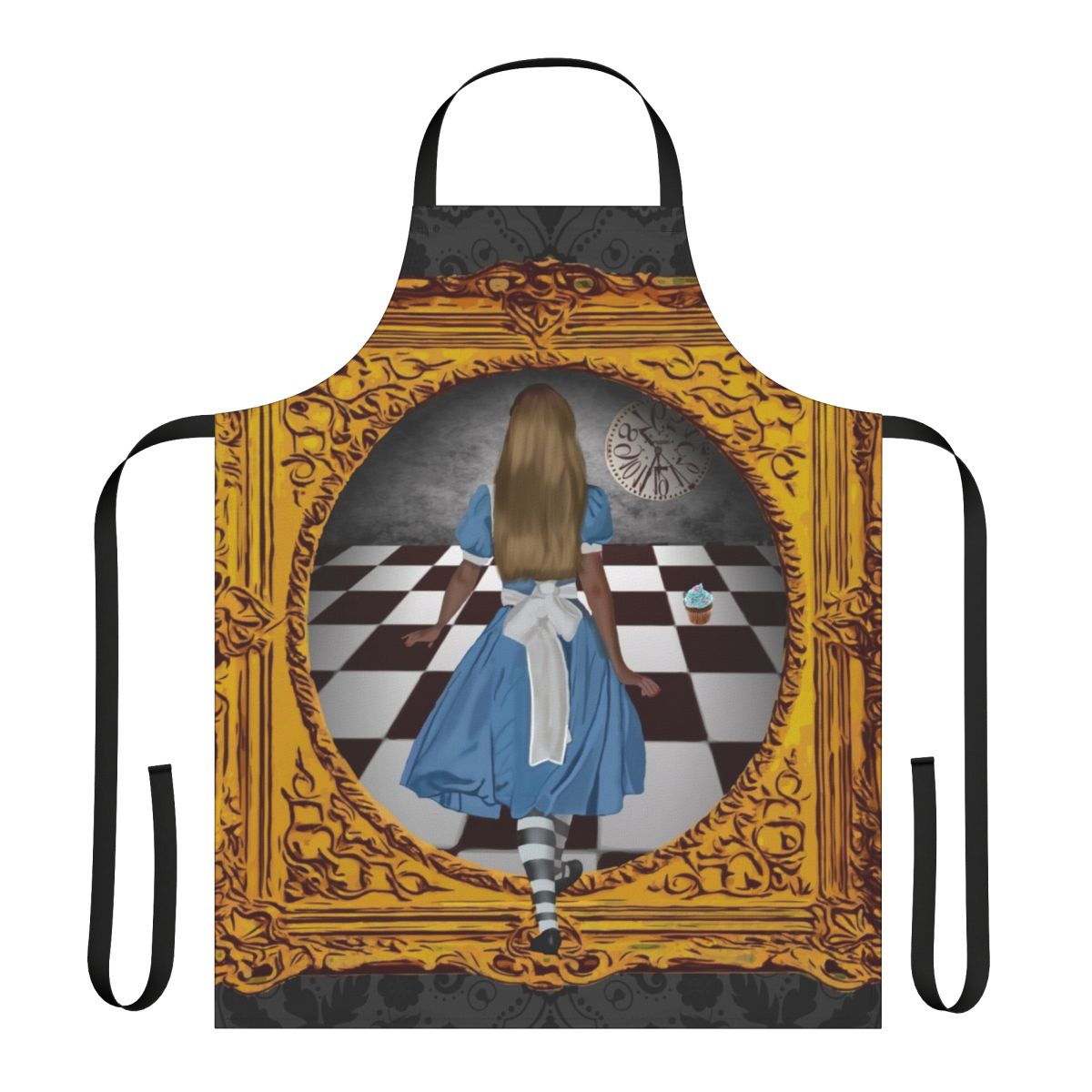 Model wearing a blue and gold apron with a whimsical, fantasy-inspired design