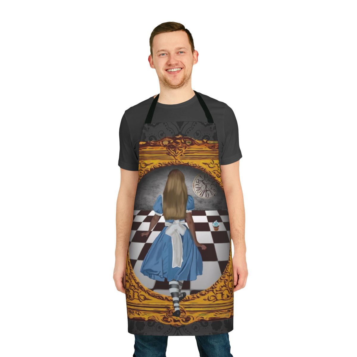 Model wearing a blue and gold apron with a whimsical, fantasy-inspired design