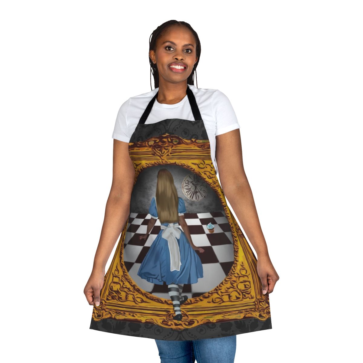 Model wearing a blue and gold apron with a whimsical, fantasy-inspired design