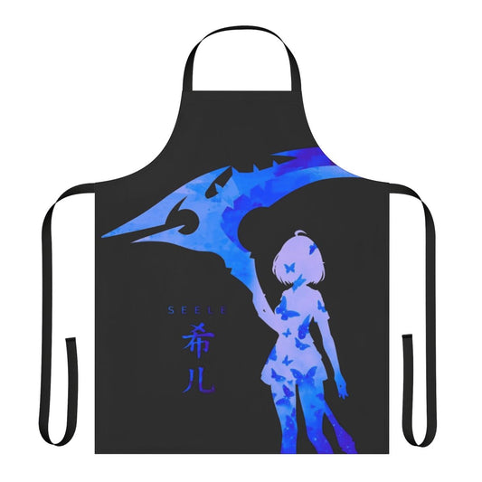 Blue butterfly apron with intricate anime and manga-style design