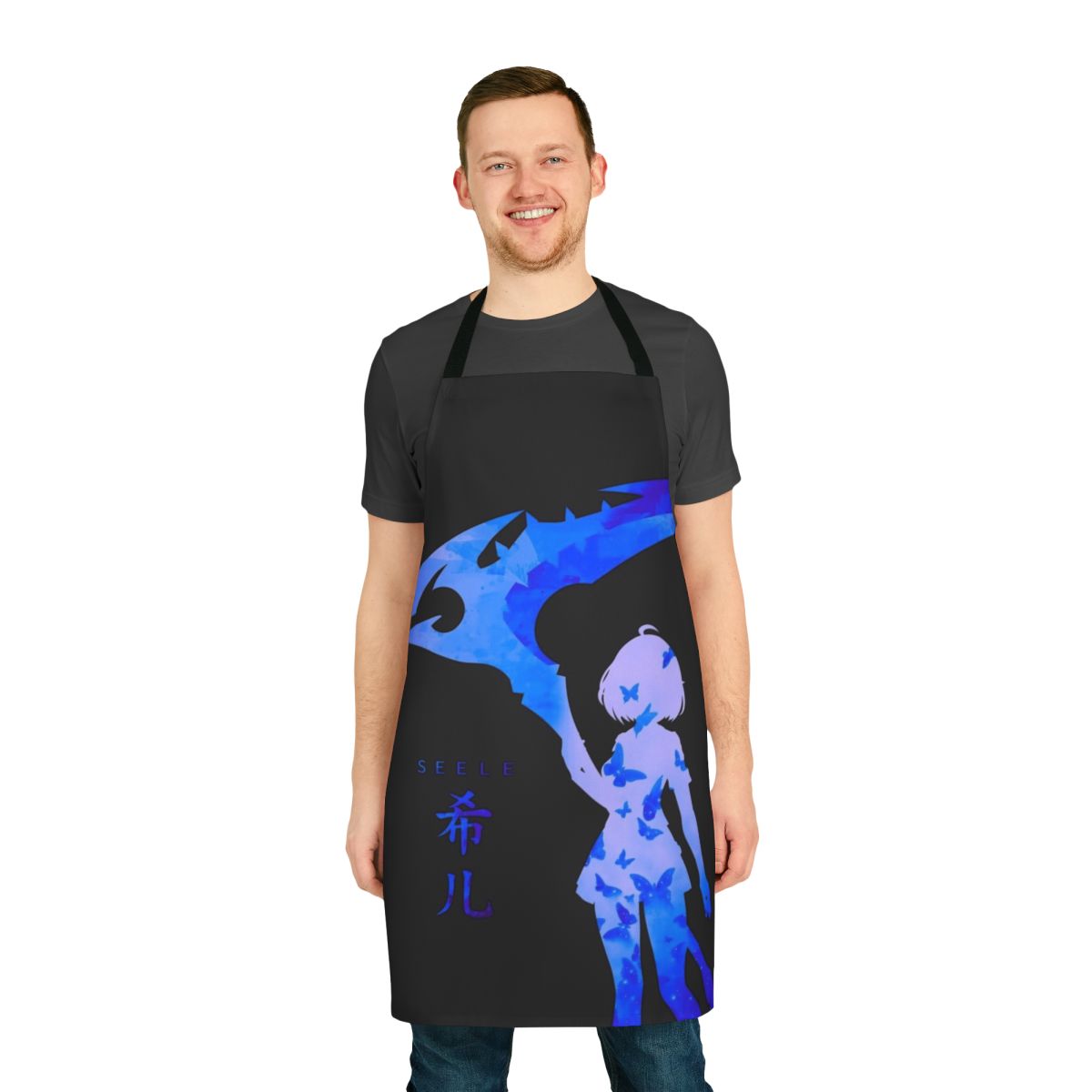 Blue butterfly apron with intricate anime and manga-style design