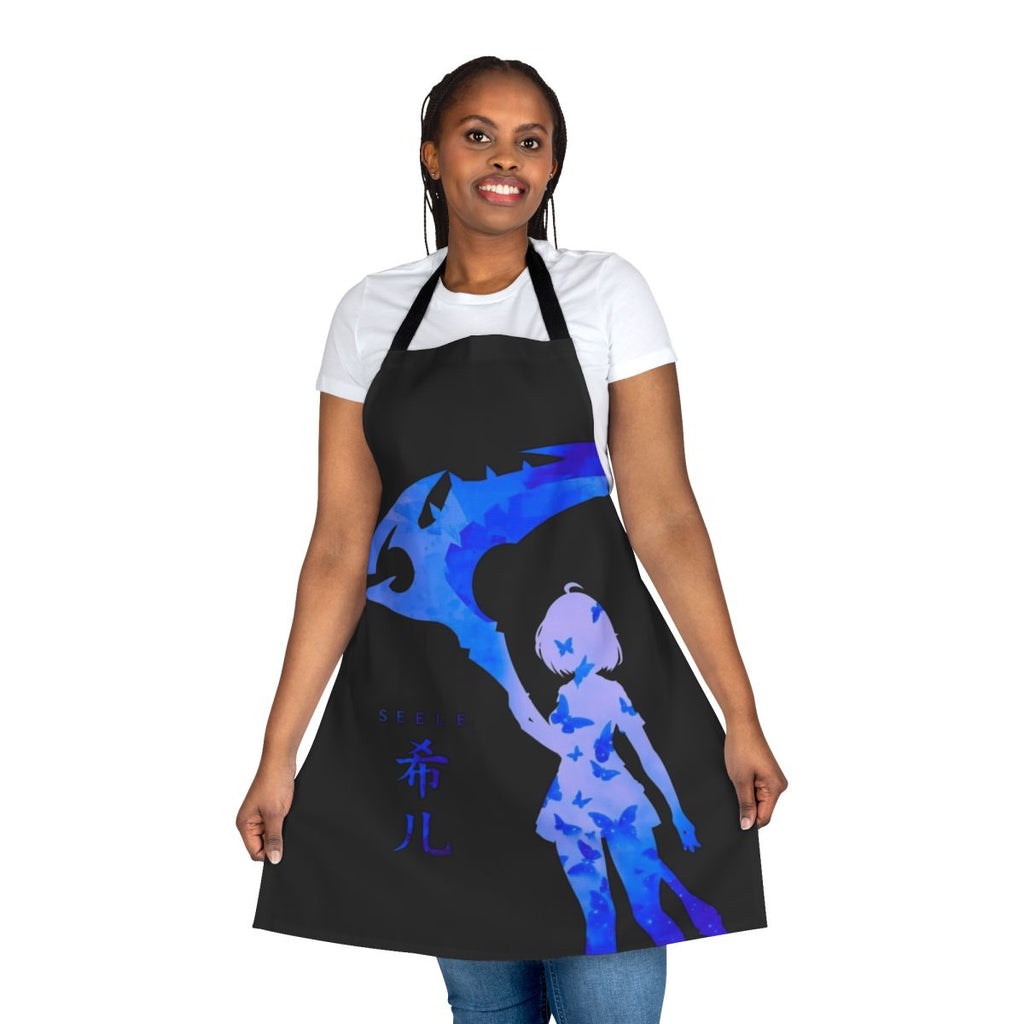 Blue butterfly apron with intricate anime and manga-style design