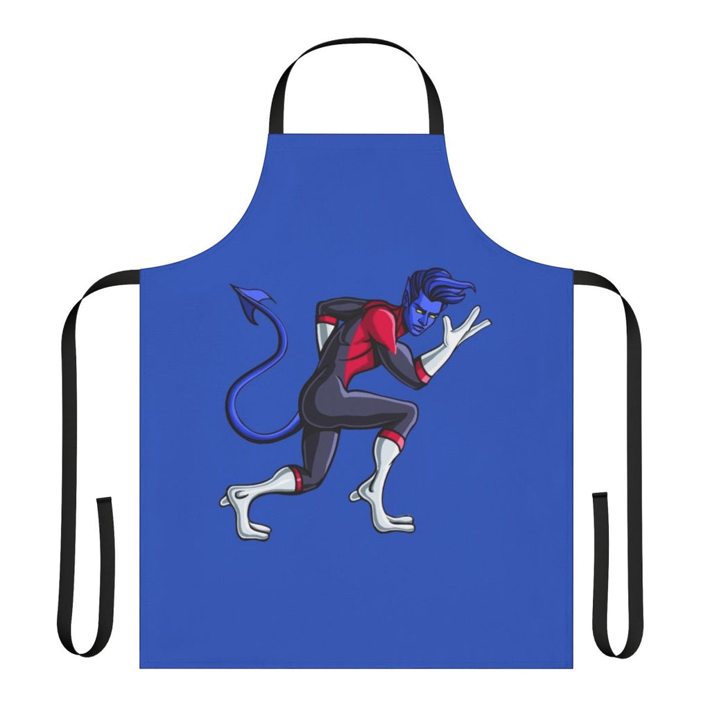 Whimsical blue elf-inspired apron with supernatural elements, perfect for cosplay and comic book-themed kitchen wear.