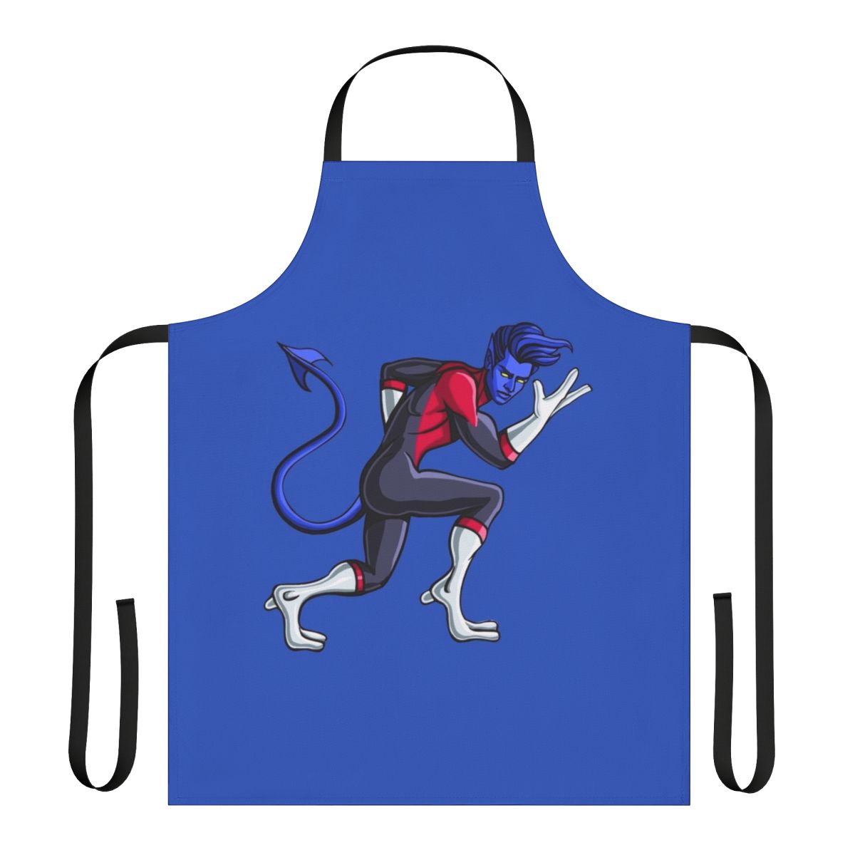 Whimsical blue elf-inspired apron with supernatural elements, perfect for cosplay and comic book-themed kitchen wear.
