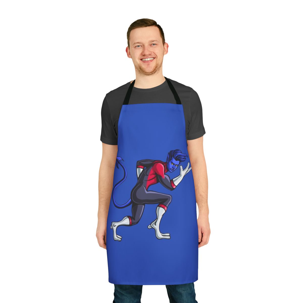 Whimsical blue elf-inspired apron with supernatural elements, perfect for cosplay and comic book-themed kitchen wear.
