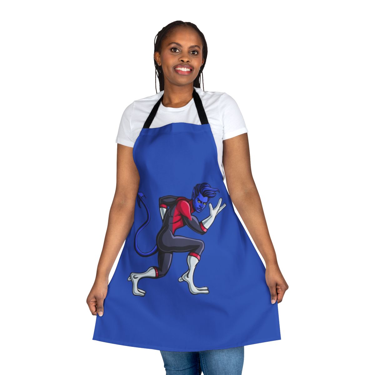 Whimsical blue elf-inspired apron with supernatural elements, perfect for cosplay and comic book-themed kitchen wear.