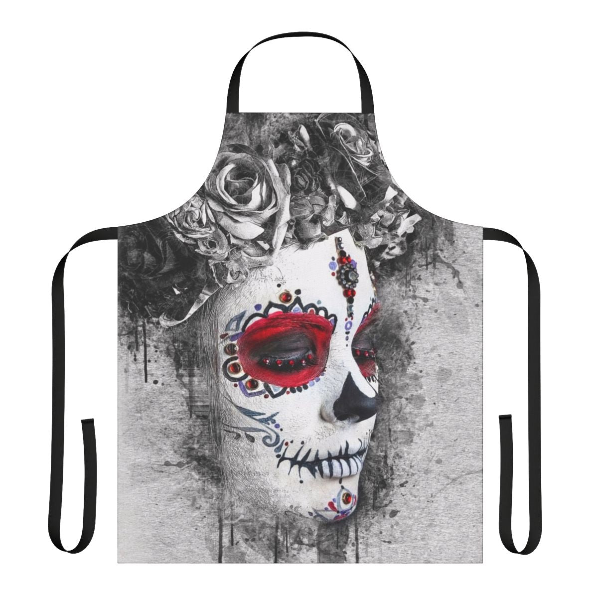 Catrina Boho Queen Apron featuring a beautiful watercolor-style skull design and floral wreath.
