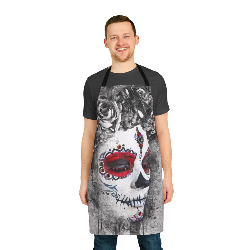 Catrina Boho Queen Apron featuring a beautiful watercolor-style skull design and floral wreath.