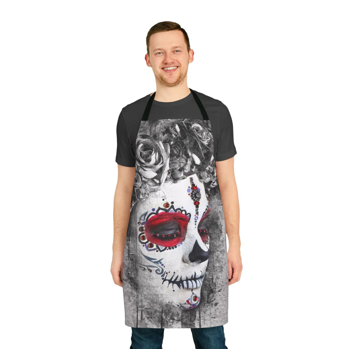 Catrina Boho Queen Apron featuring a beautiful watercolor-style skull design and floral wreath.