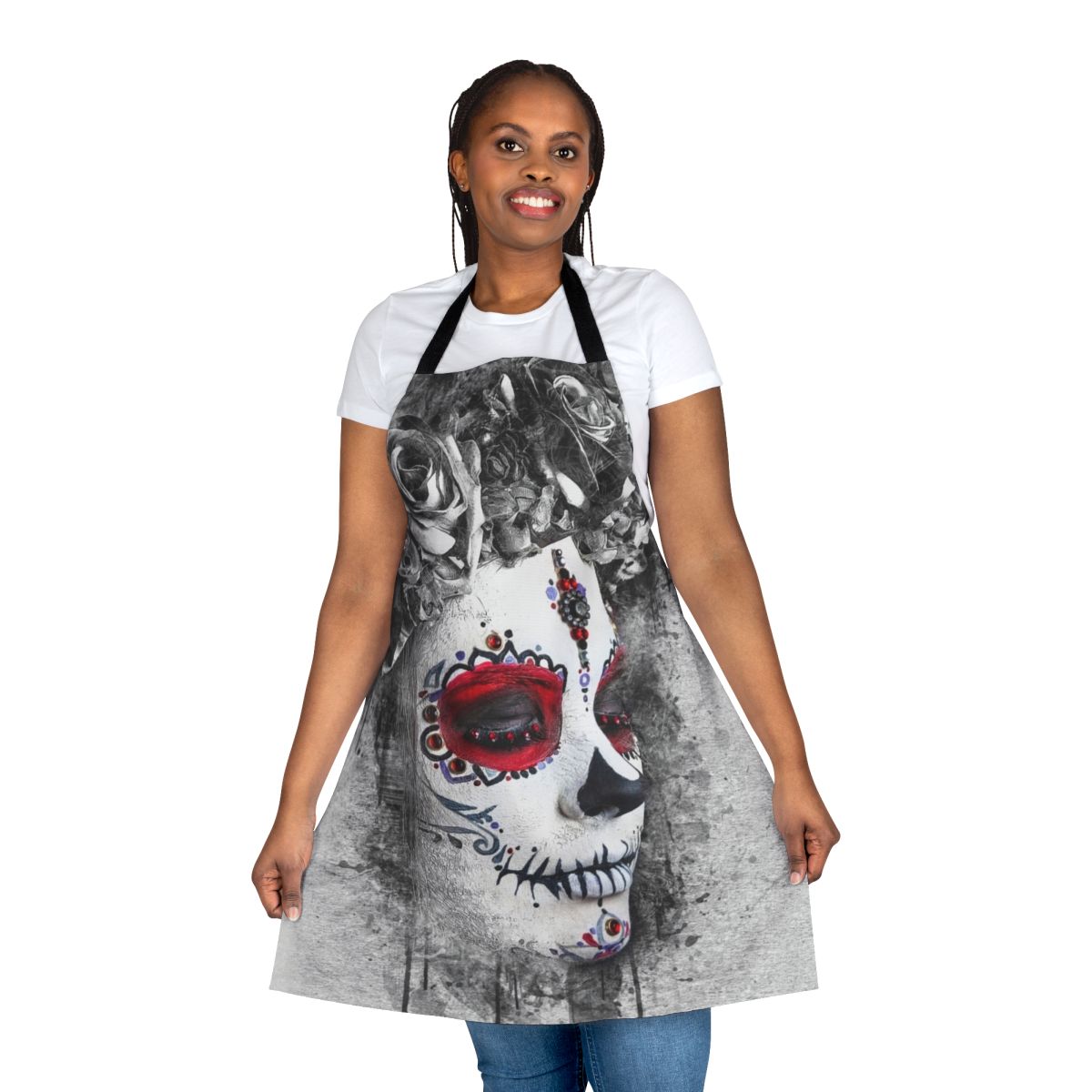 Catrina Boho Queen Apron featuring a beautiful watercolor-style skull design and floral wreath.