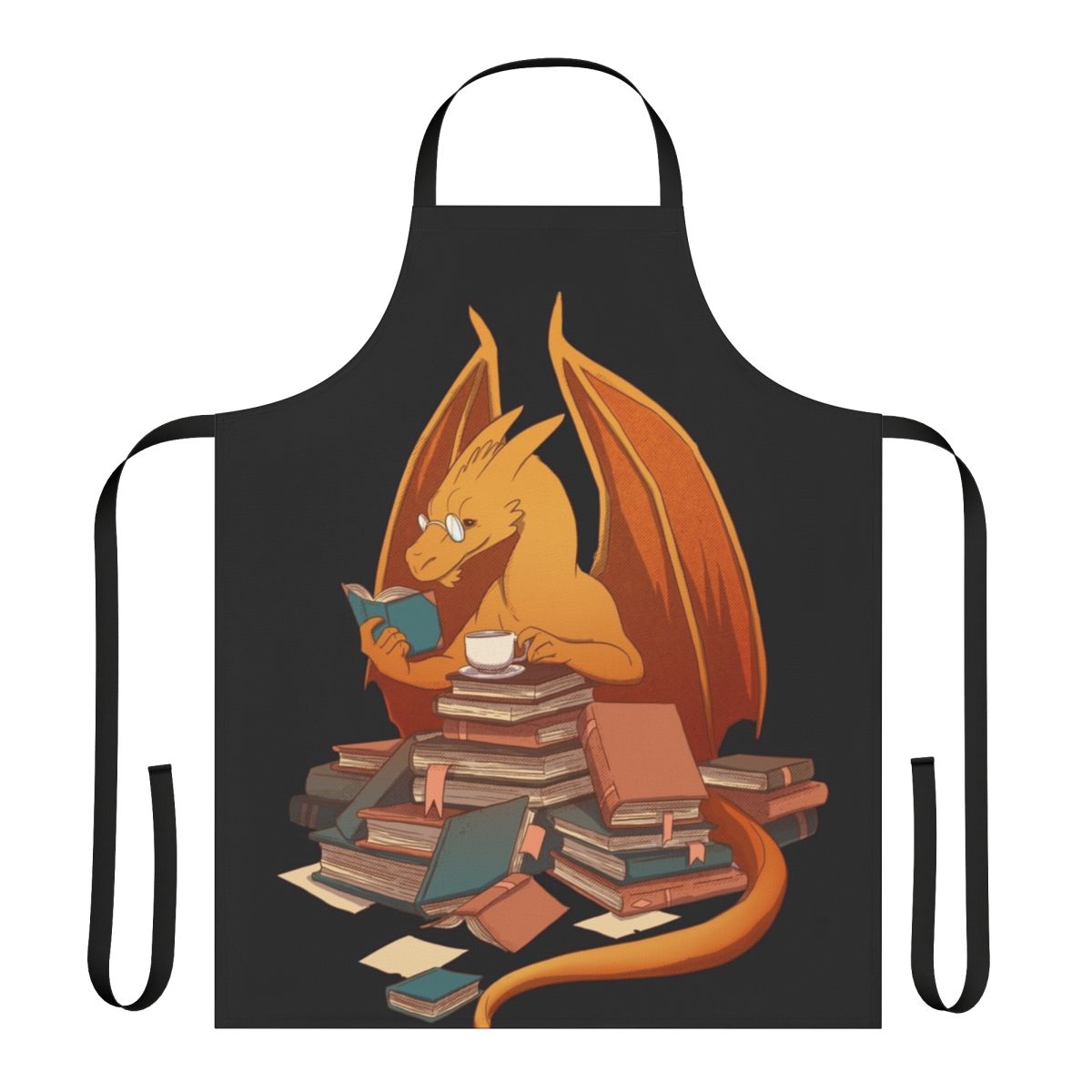 Whimsical dragon-themed book lover's apron featuring fantasy literature elements