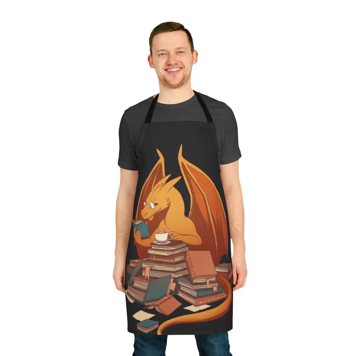 Whimsical dragon-themed book lover's apron featuring fantasy literature elements