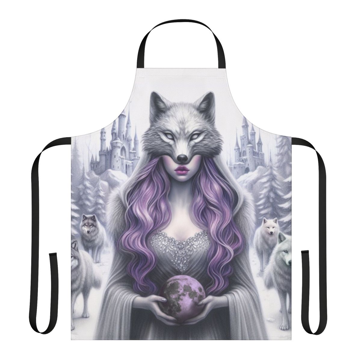 A beautiful purple apron with a fantasy castle in the sky design