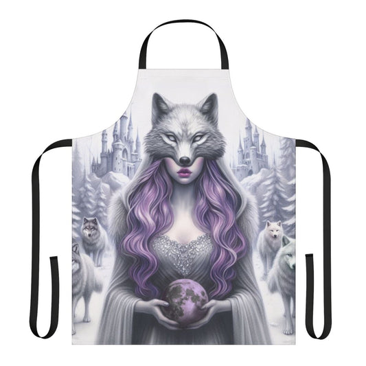 A beautiful purple apron with a fantasy castle in the sky design