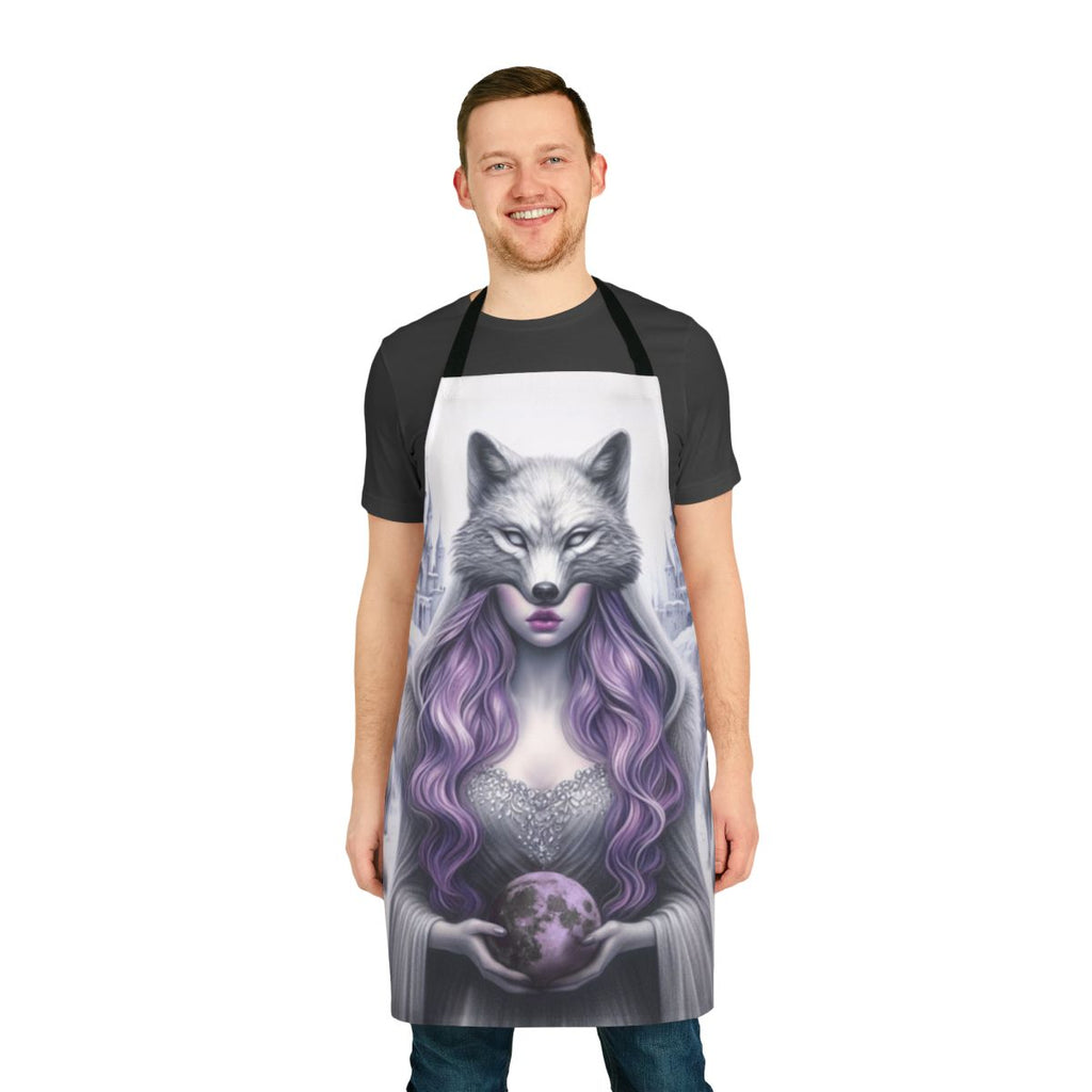 A beautiful purple apron with a fantasy castle in the sky design