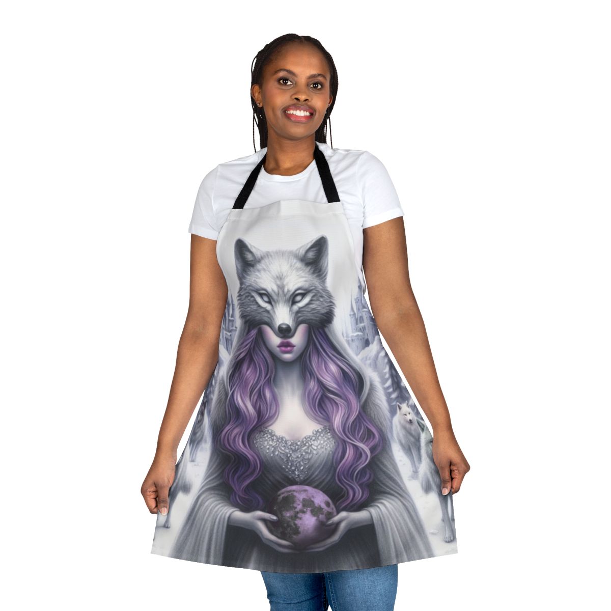 A beautiful purple apron with a fantasy castle in the sky design
