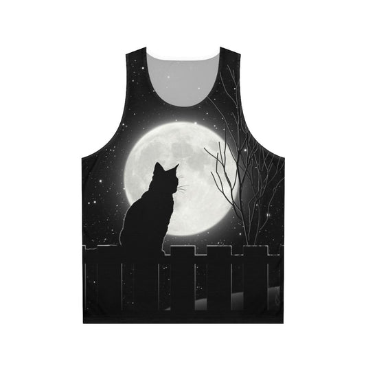 Enchanting cat under the bright moon on a unisex tank top
