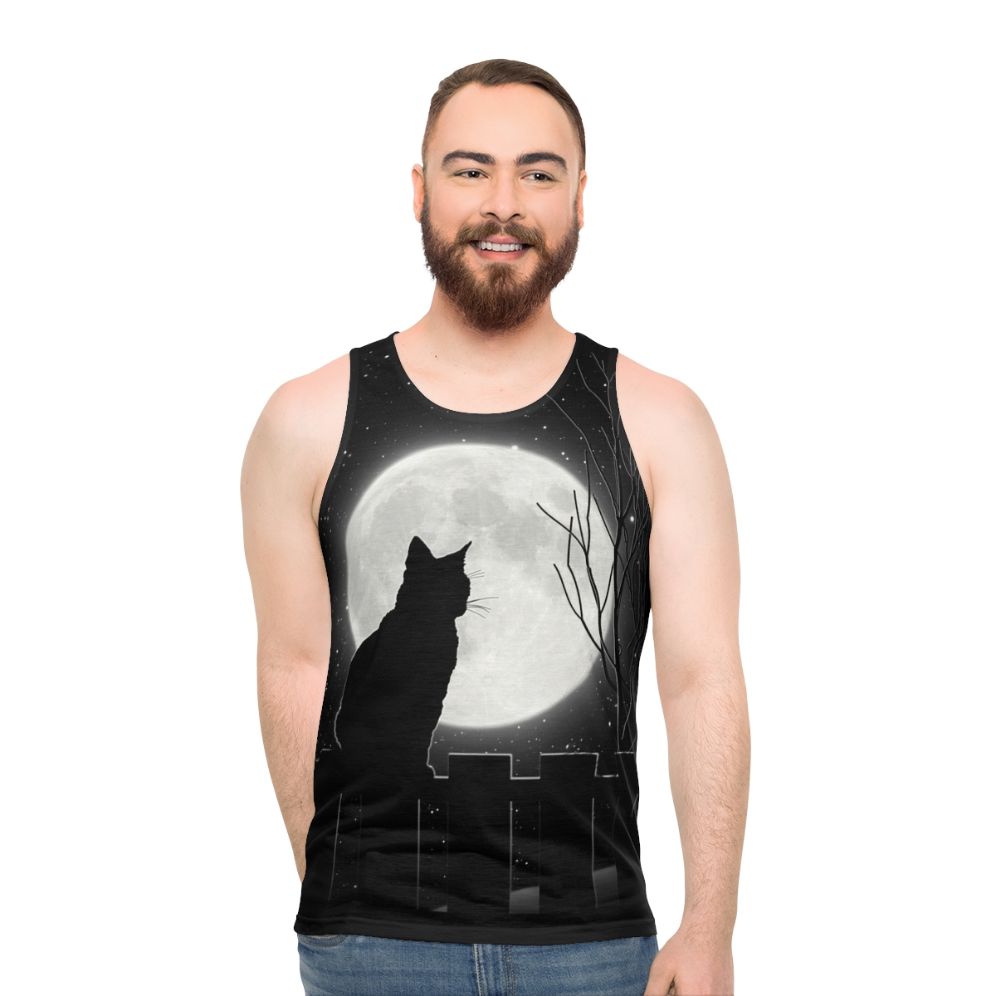 Enchanting cat under the bright moon on a unisex tank top