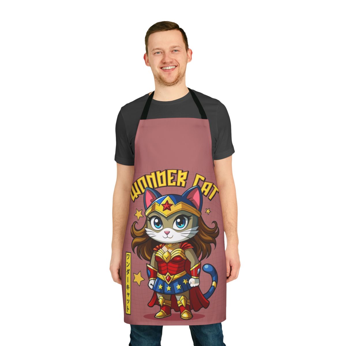 Whimsical cat-themed superhero apron with vibrant colors and playful design