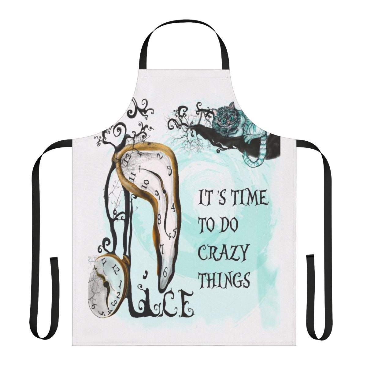 A colorful apron featuring the iconic Cheshire Cat from the Alice in Wonderland story.