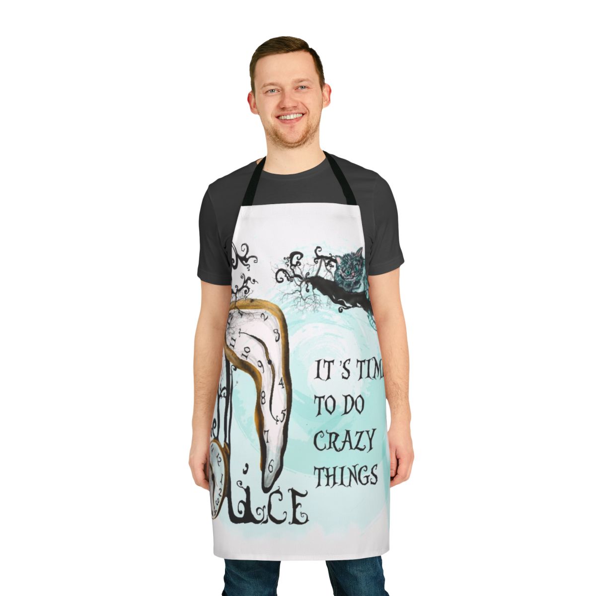 A colorful apron featuring the iconic Cheshire Cat from the Alice in Wonderland story.