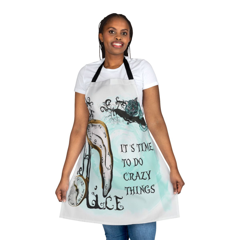 A colorful apron featuring the iconic Cheshire Cat from the Alice in Wonderland story.