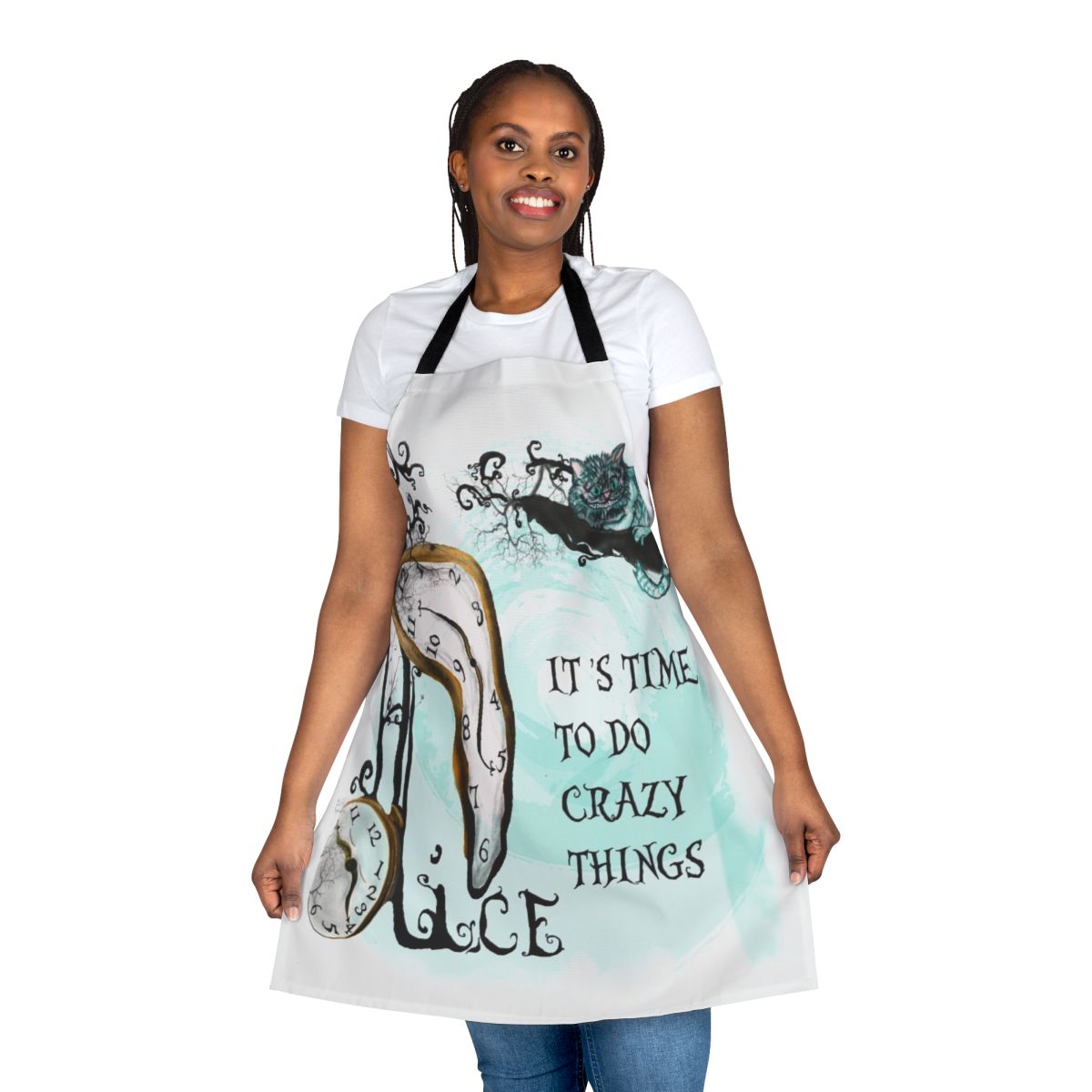 A colorful apron featuring the iconic Cheshire Cat from the Alice in Wonderland story.