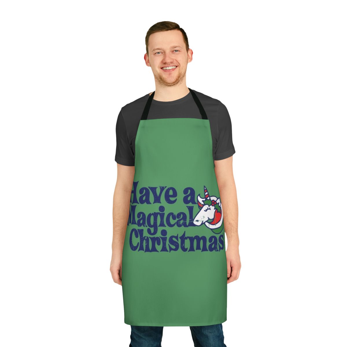 Festive apron featuring a whimsical unicorn design, perfect for holiday cooking and baking.