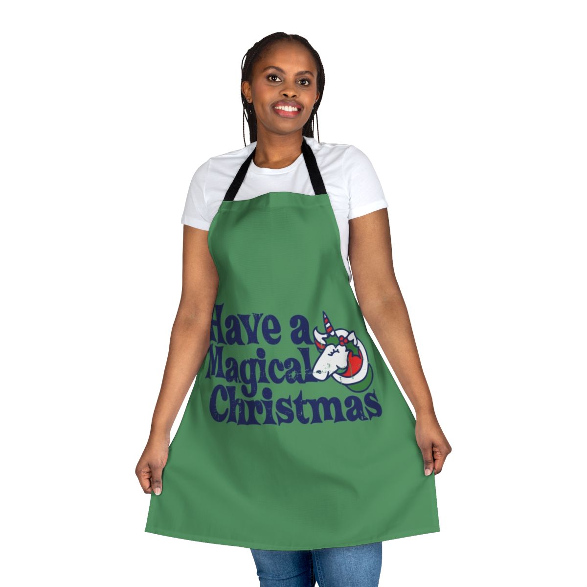 Festive apron featuring a whimsical unicorn design, perfect for holiday cooking and baking.