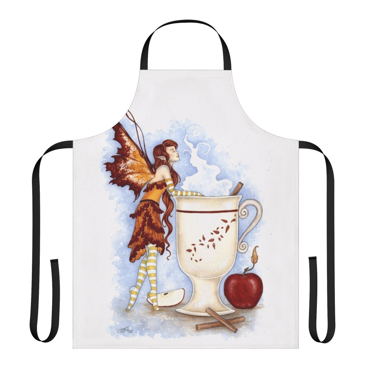 A whimsical apron featuring a cider fairy design, perfect for autumn and winter cooking and baking.