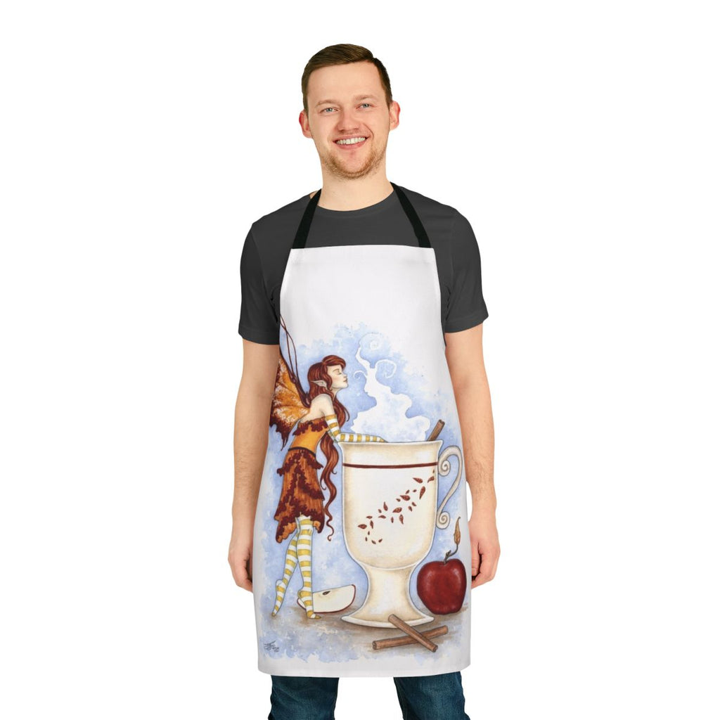 A whimsical apron featuring a cider fairy design, perfect for autumn and winter cooking and baking.