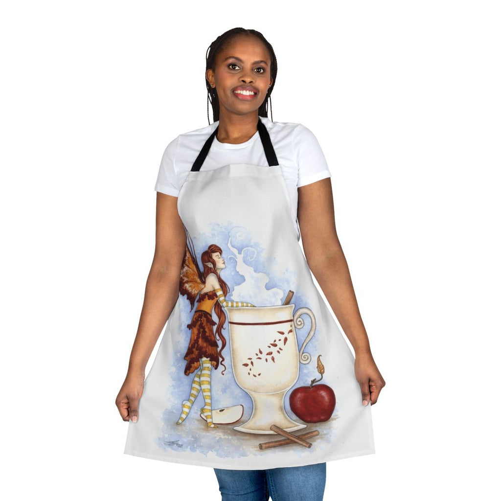 A whimsical apron featuring a cider fairy design, perfect for autumn and winter cooking and baking.