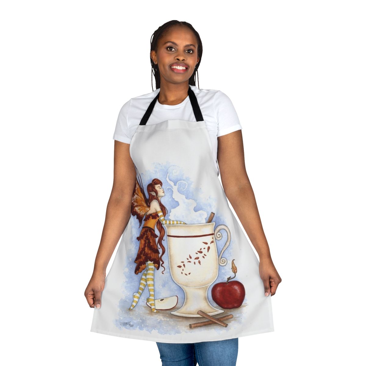 A whimsical apron featuring a cider fairy design, perfect for autumn and winter cooking and baking.
