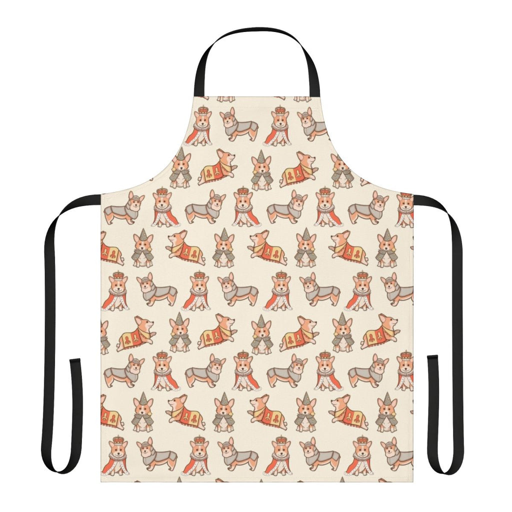 Whimsical apron featuring a repeating pattern of corgis in medieval fantasy costumes