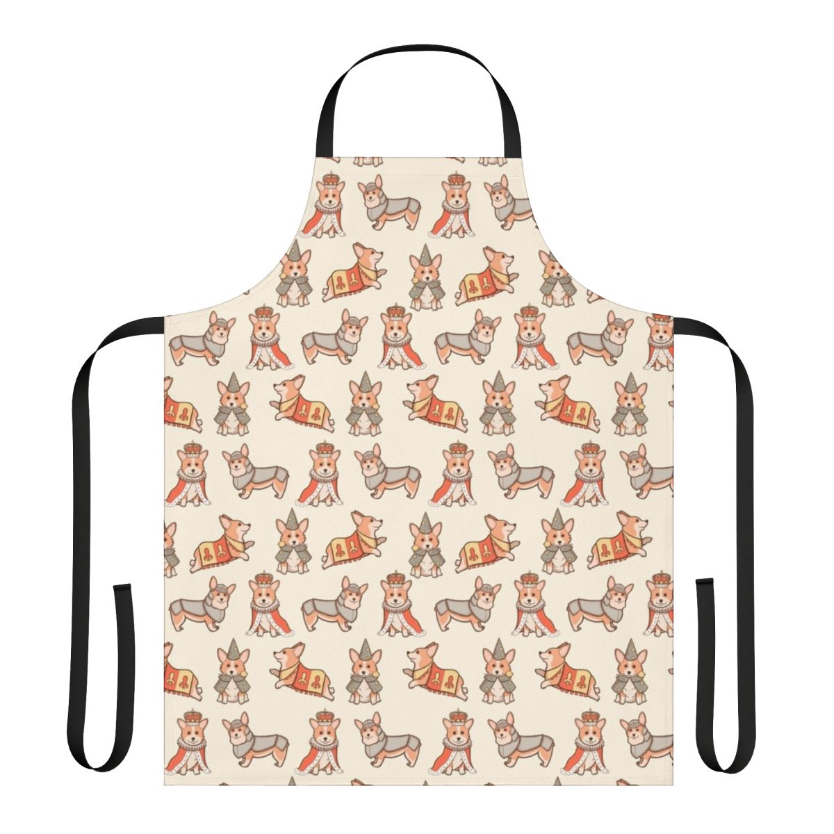 Whimsical apron featuring a repeating pattern of corgis in medieval fantasy costumes