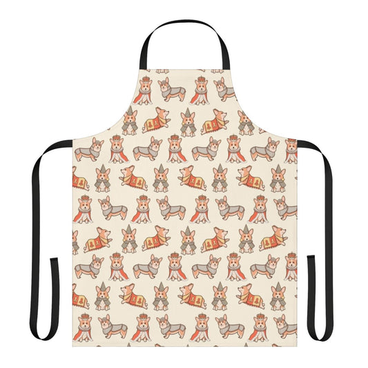 Whimsical apron featuring a repeating pattern of corgis in medieval fantasy costumes