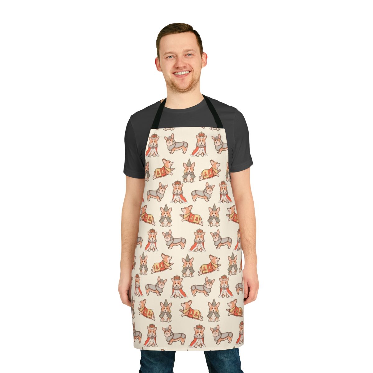 Whimsical apron featuring a repeating pattern of corgis in medieval fantasy costumes